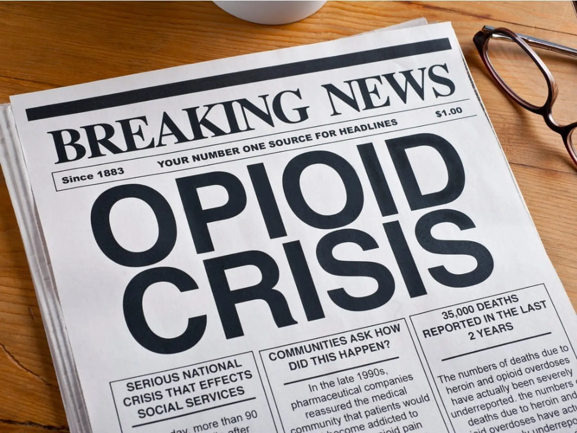 history of opioid epidemic newspaper headline on desk