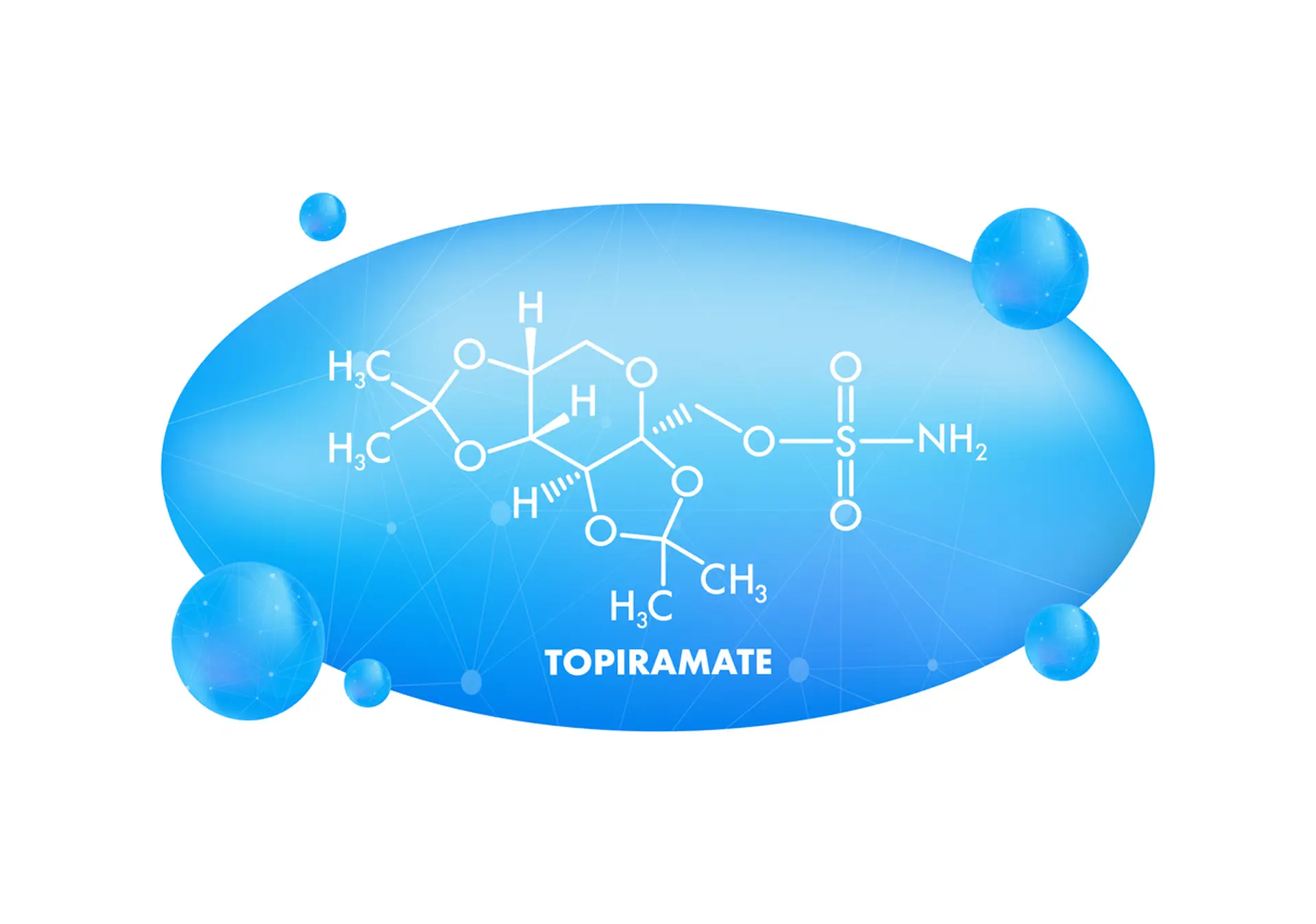 Chemical structure of Topiramate on a blue oval background, surrounded by floating blue spheres.
