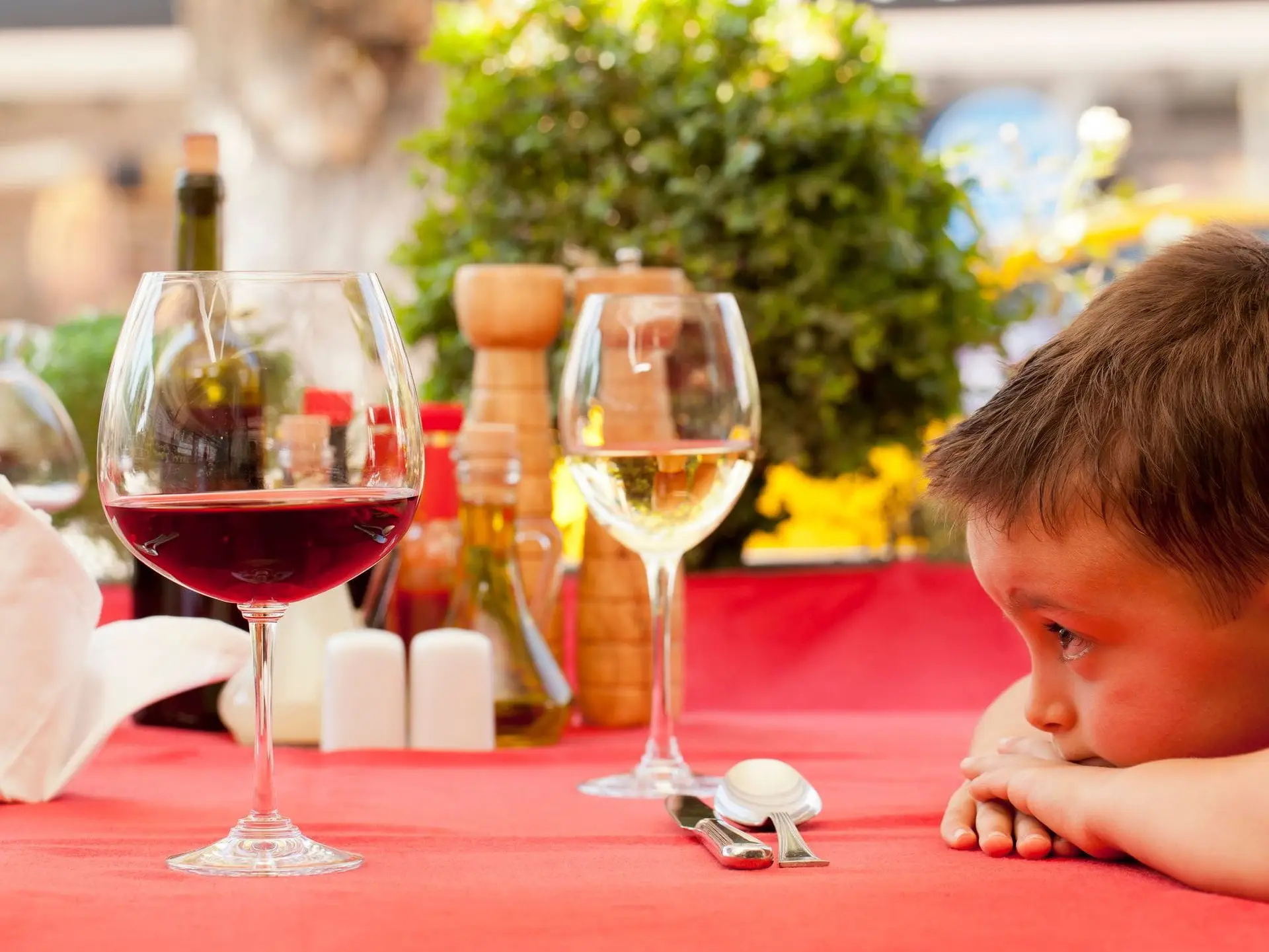 Child sitting at table with wine
