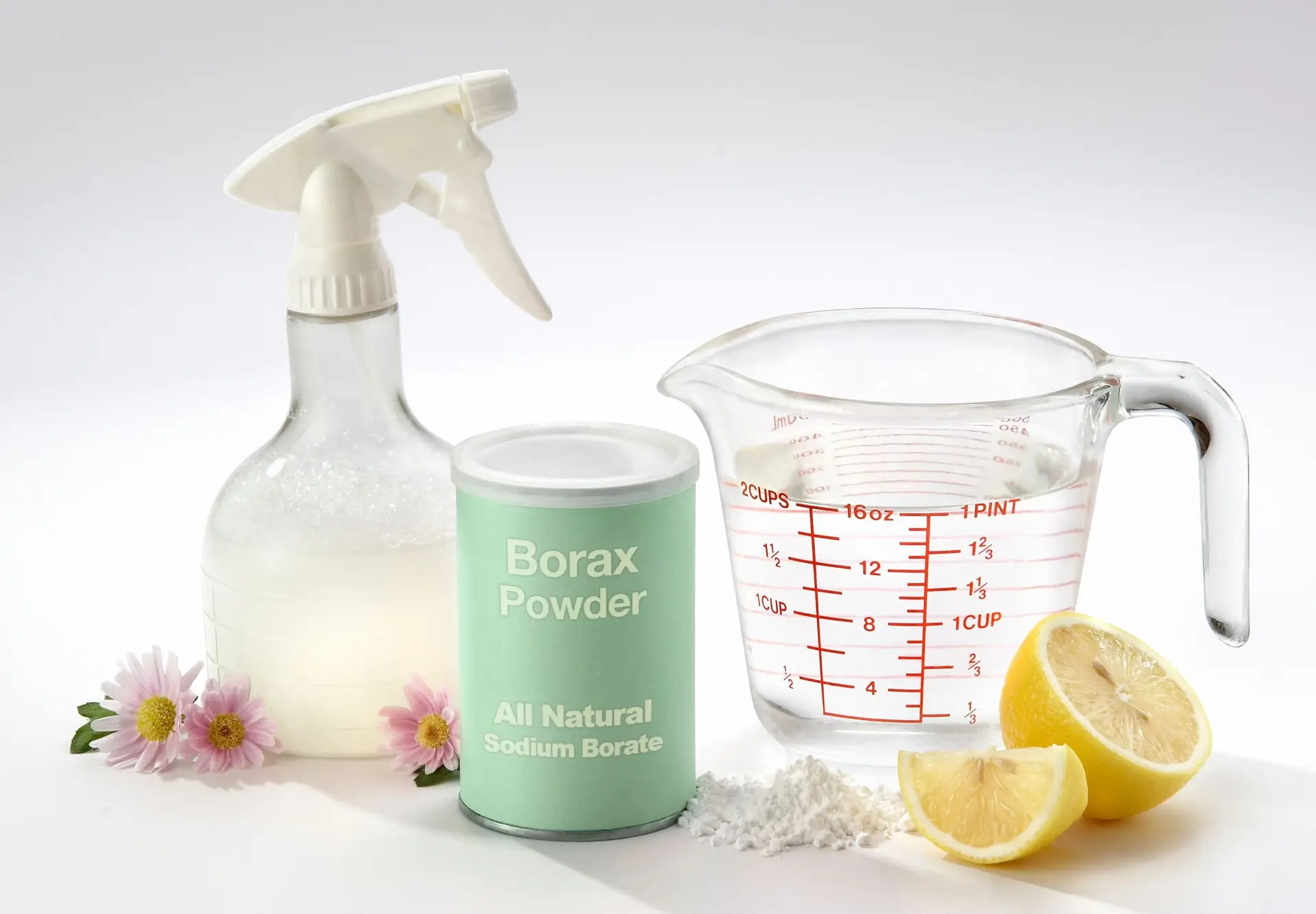 borax powder, water, lemons and cleaning supplies