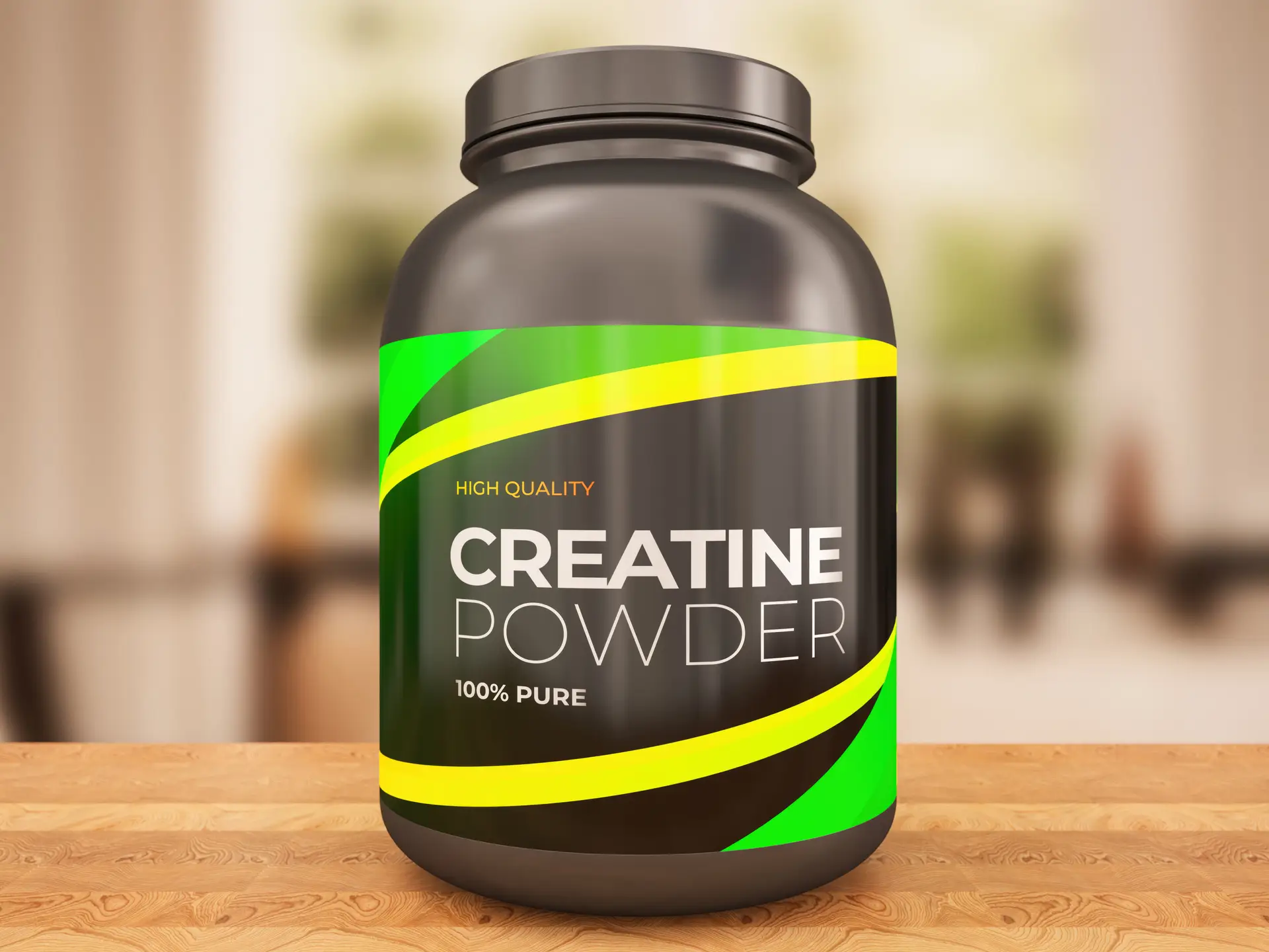 A large black and green container labeled "High Quality Creatine Powder, 100% Pure" sits on a wooden surface against a blurred background.