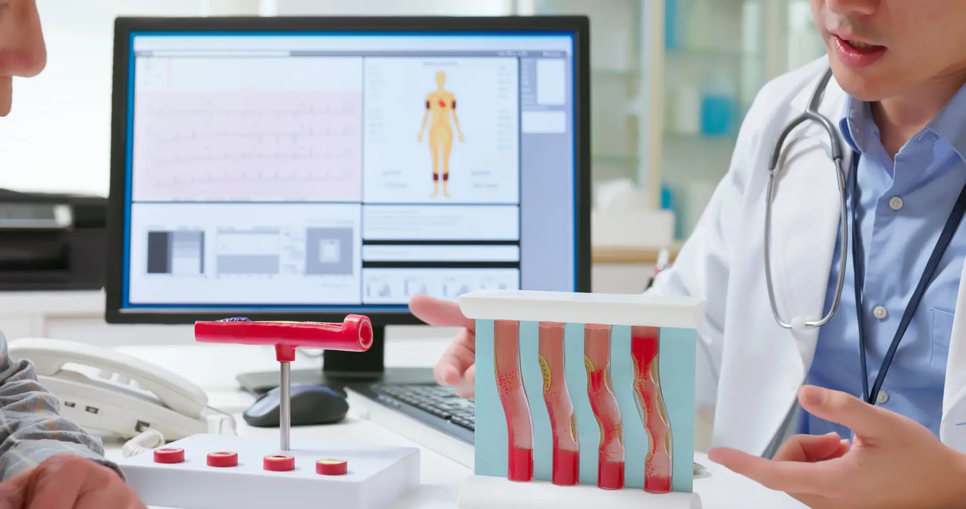 closeup Asian elderly patient listens neurologist explains vascular conditions using a blood vessel model covering examination results arterial blockage and hardening causes effects