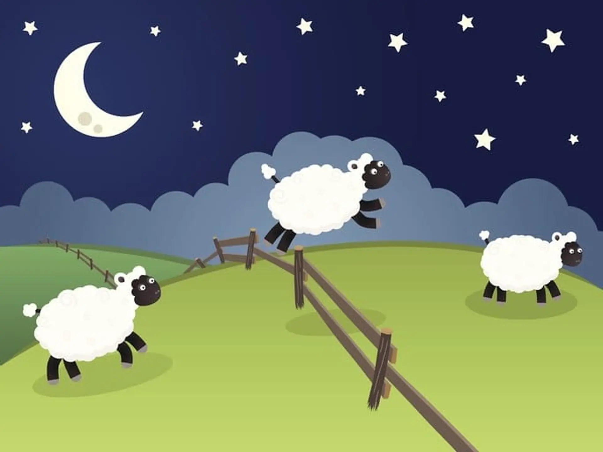 Three cartoon sheep jumping over a wooden fence on a grassy hill under a starry night sky with a crescent moon.